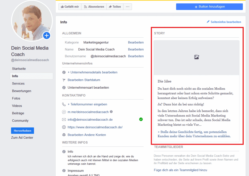 Facebook Seite erstellen, story anlegen